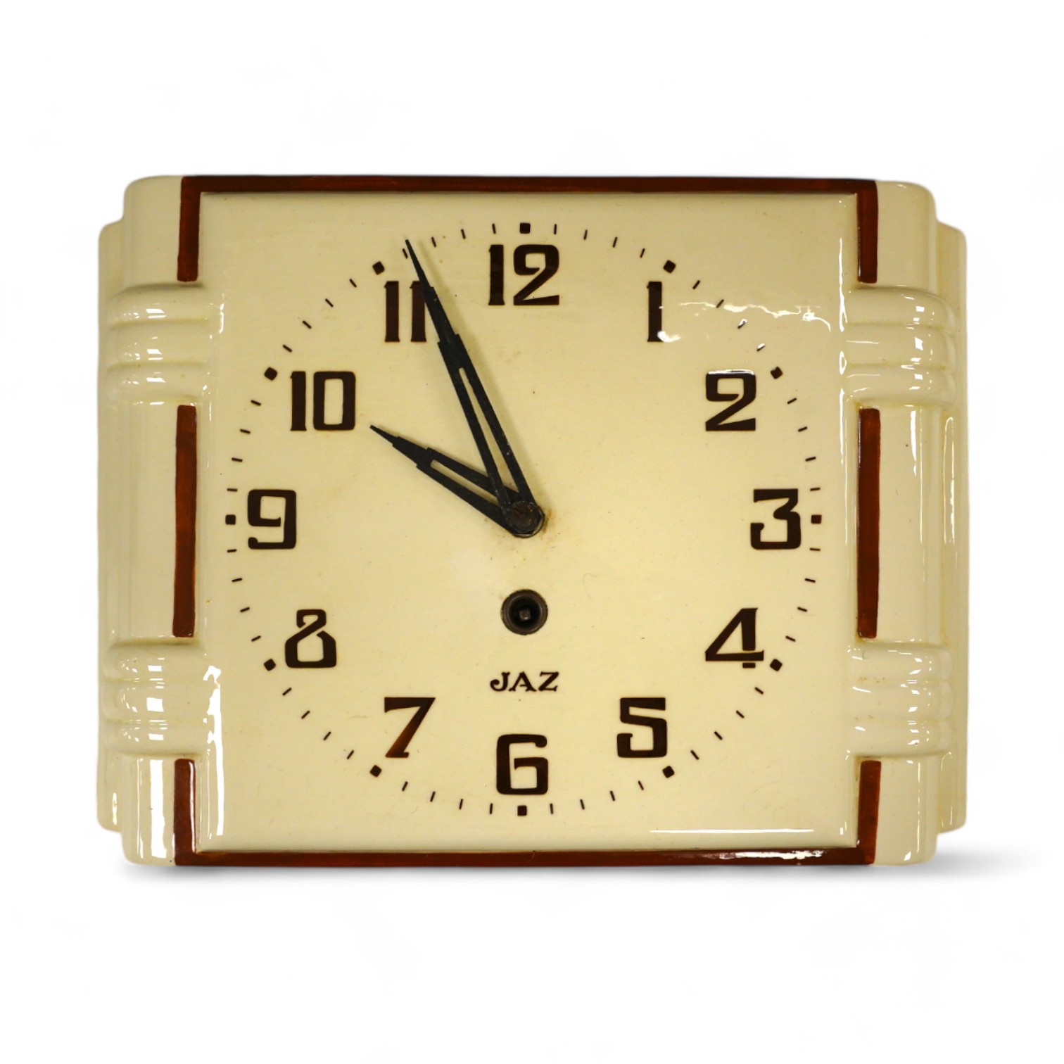 An Art Deco Jaz porcelain wall clock, 23cm high. Condition - fair, surface rust to the case of the movement, etc.